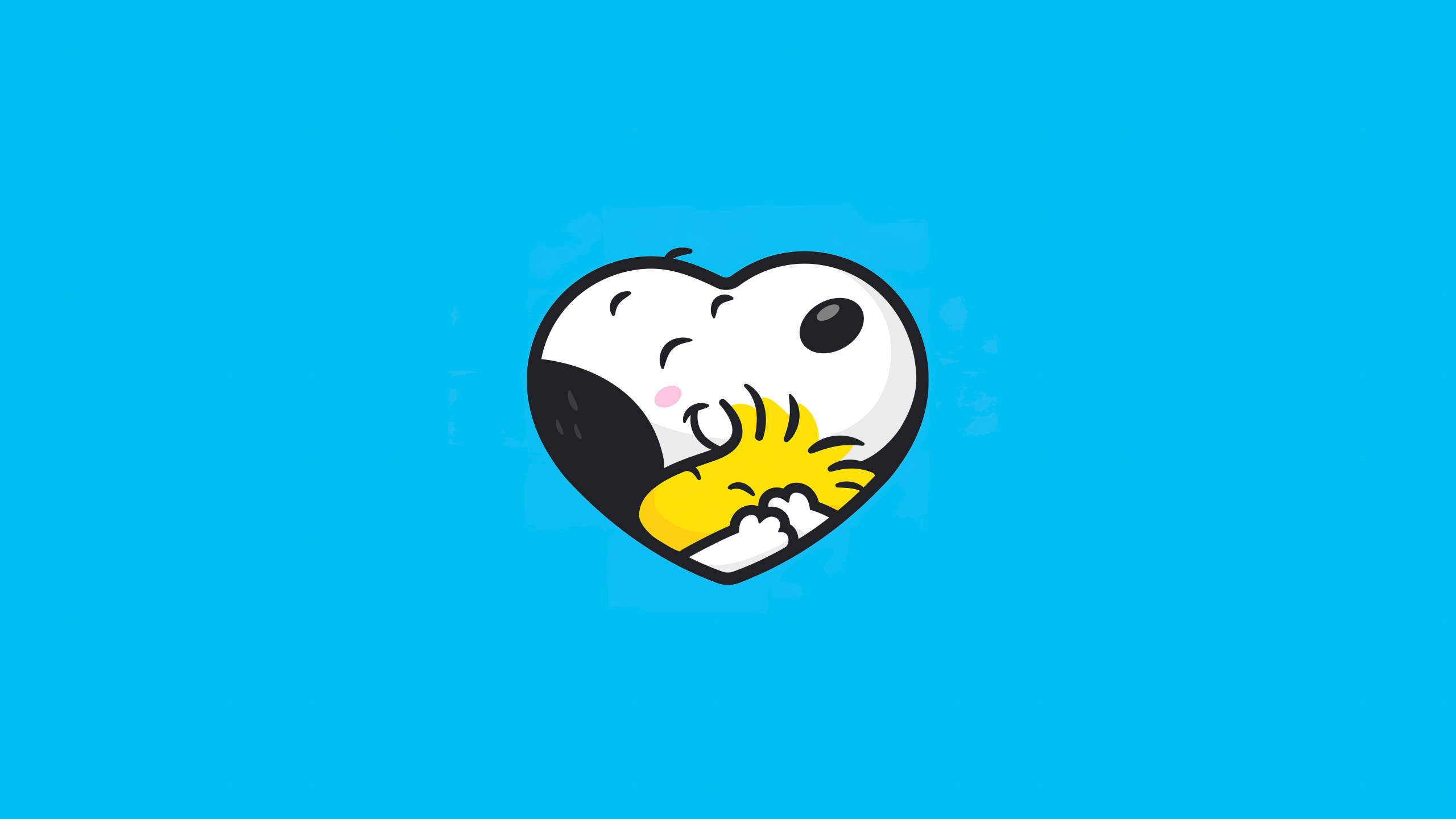 Heart-shaped illustration of Snoopy and Woodstock embracing, set against a vibrant blue background