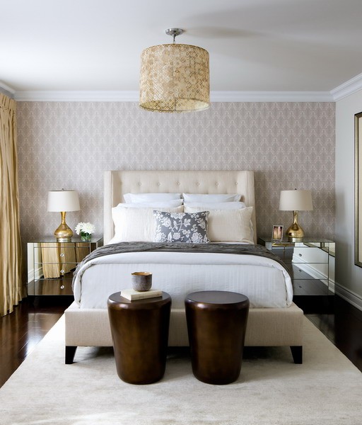 Gold Bedroom With Wallpaper Accent Wall Yellow Silk Drapes And