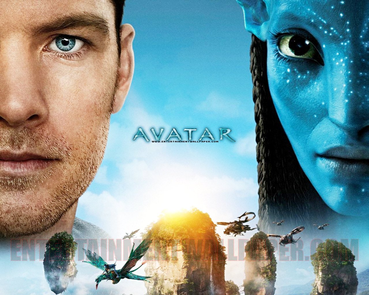 Promotional poster for the movie Avatar featuring Jake Sully and Neytiri with Pandora's floating mountains in the background