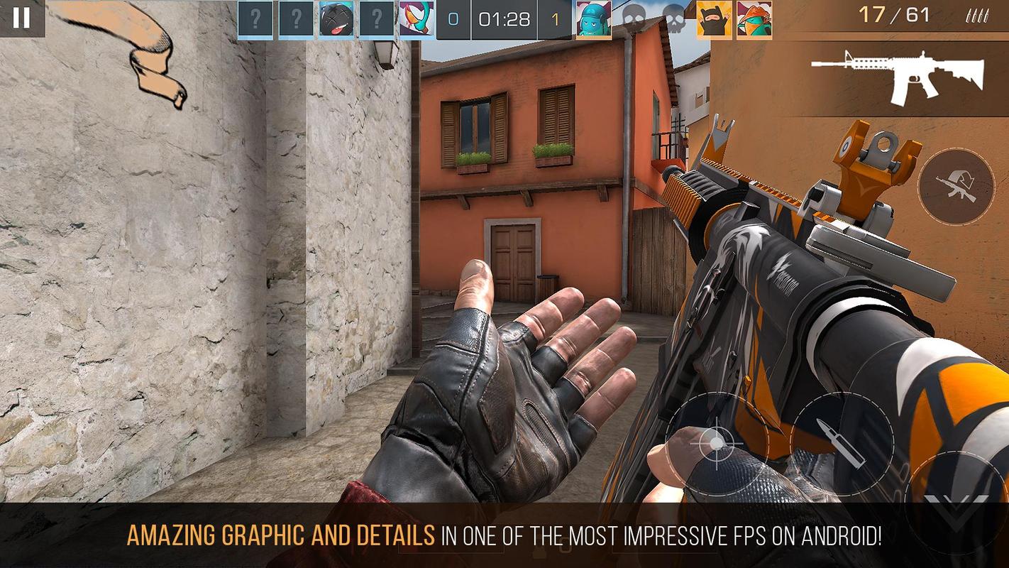 Standoff 2 Gameplay Screenshot: First-person view of a player holding a customized M4A1 rifle in a street setting