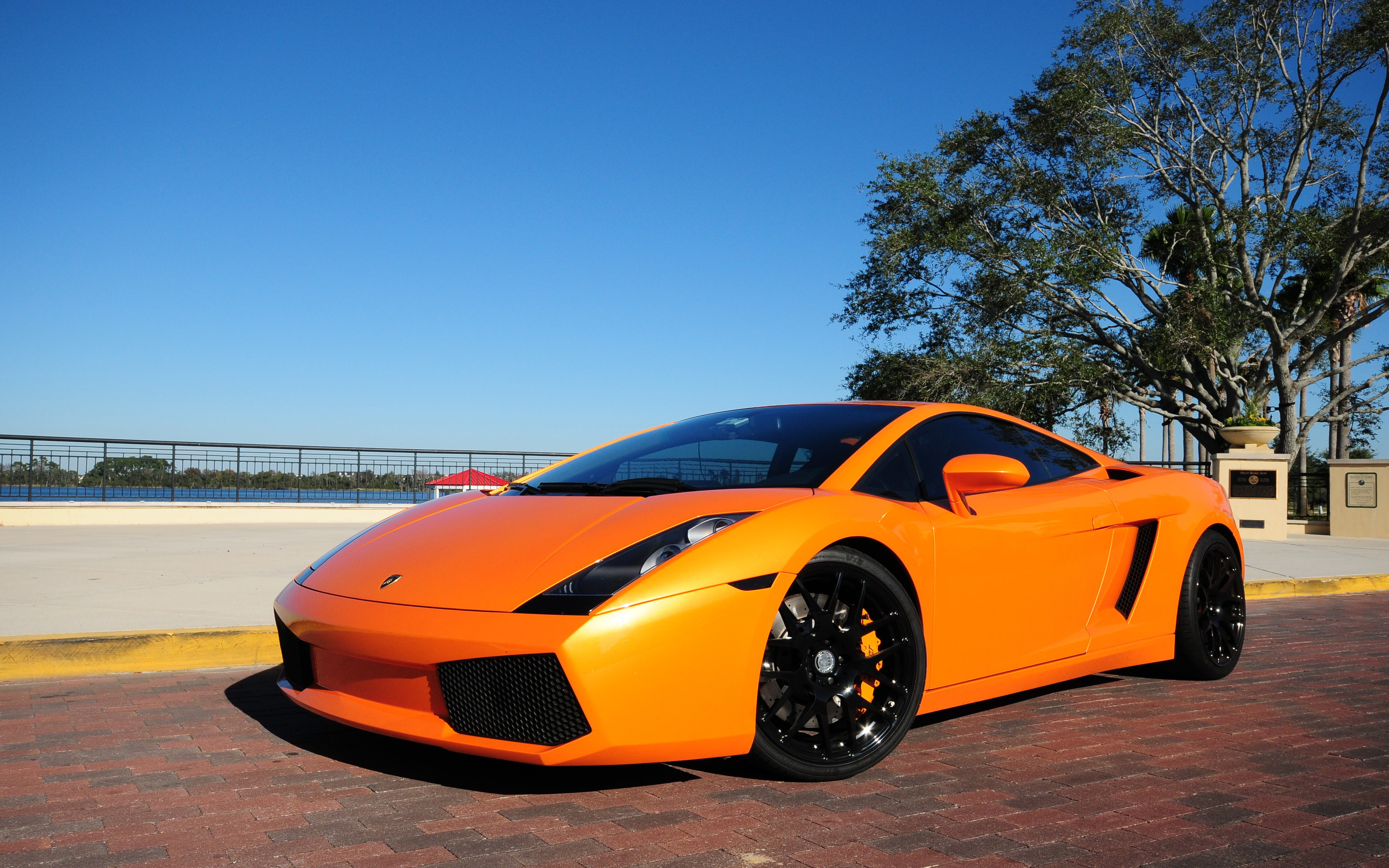Bright Orange Lamborghini Gallardo parked by the waterfront