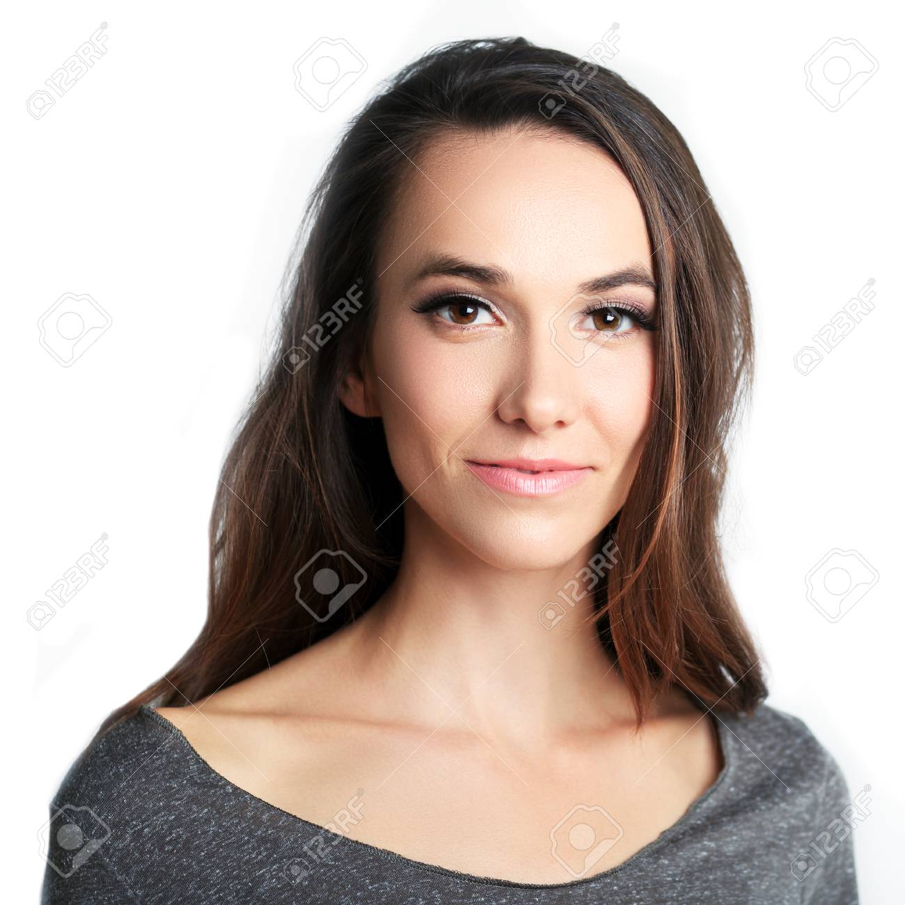 Beautiful Woman Headshot Over White Background Stock Photo