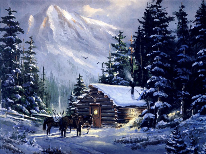 Art Mountain Cabin Nature Winter HD Desktop Wallpaper