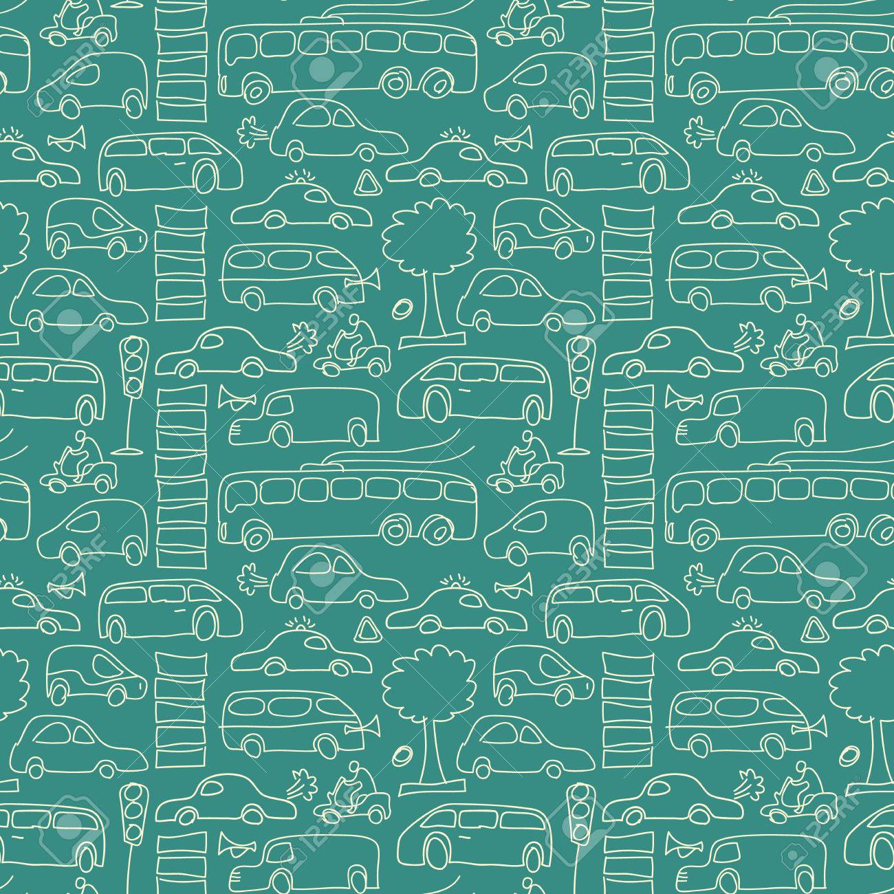Green Seamless Transport Background Pattern With Trees Cars Motos