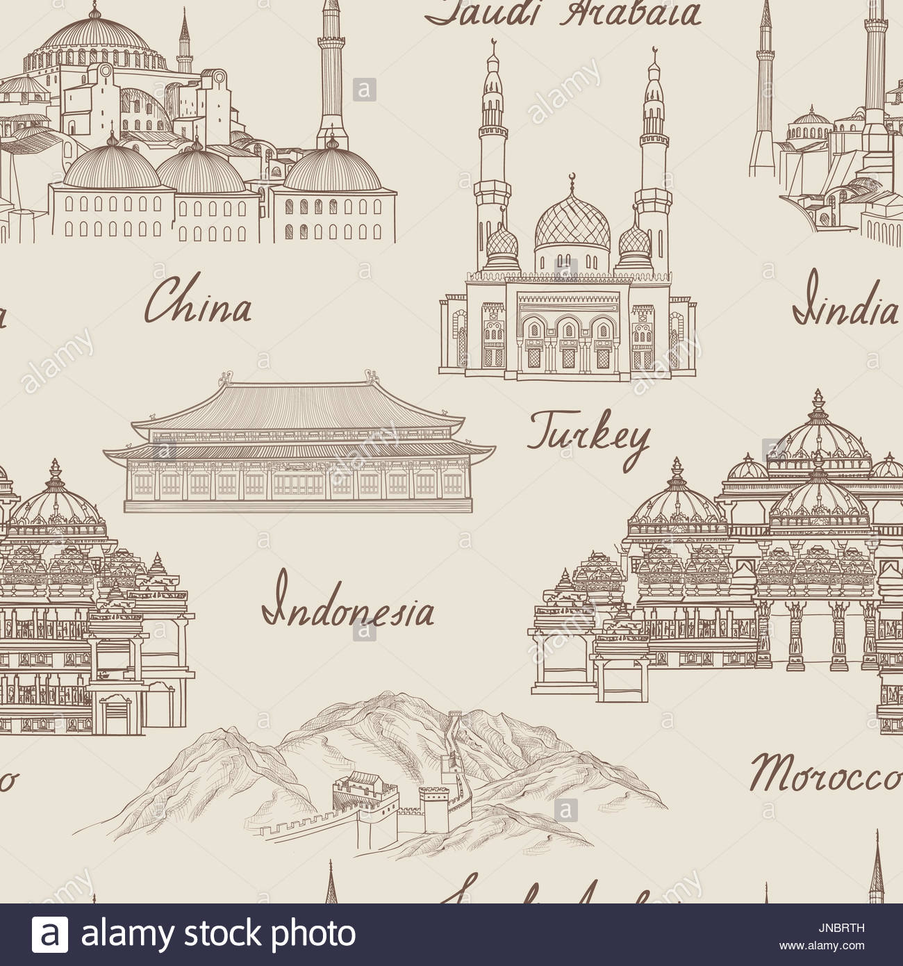 Travel Asia background World famous landmark seamless pattern