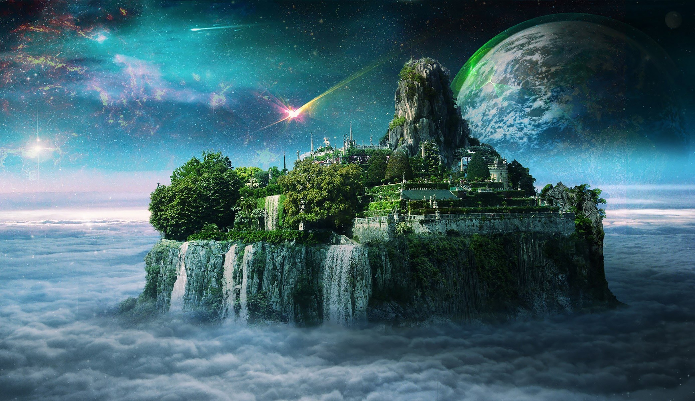 Fantasy Waterfall Castle Desktop Wallpaper New HD