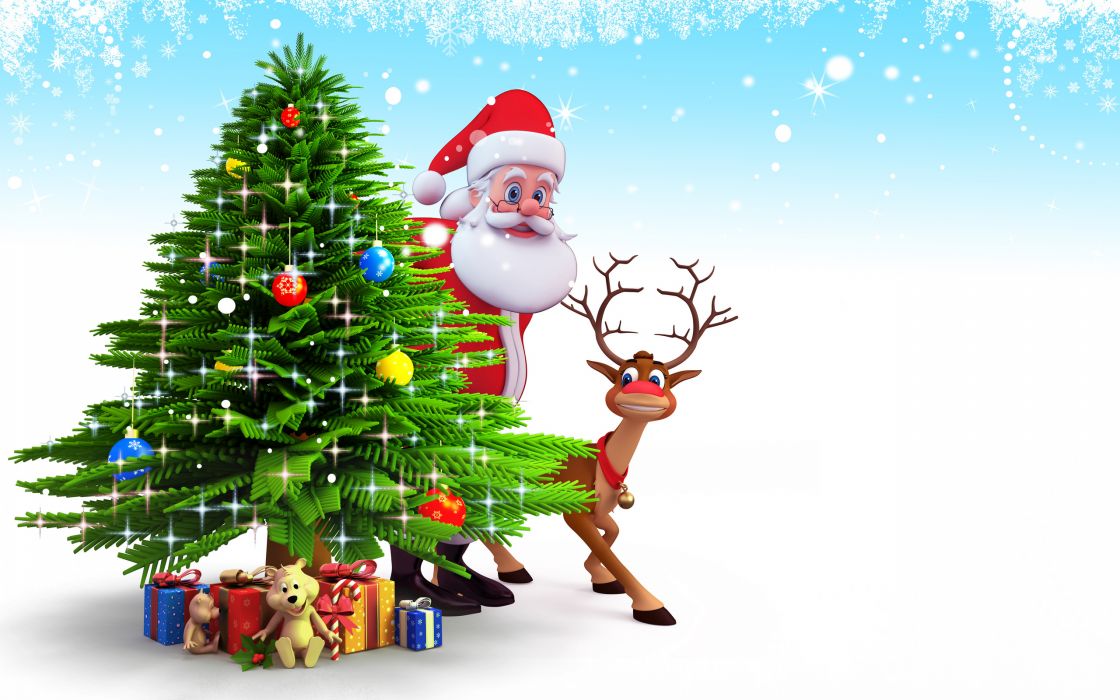 Tree New Year Santa Claus Christmas Reindeer Snow Wallpaper