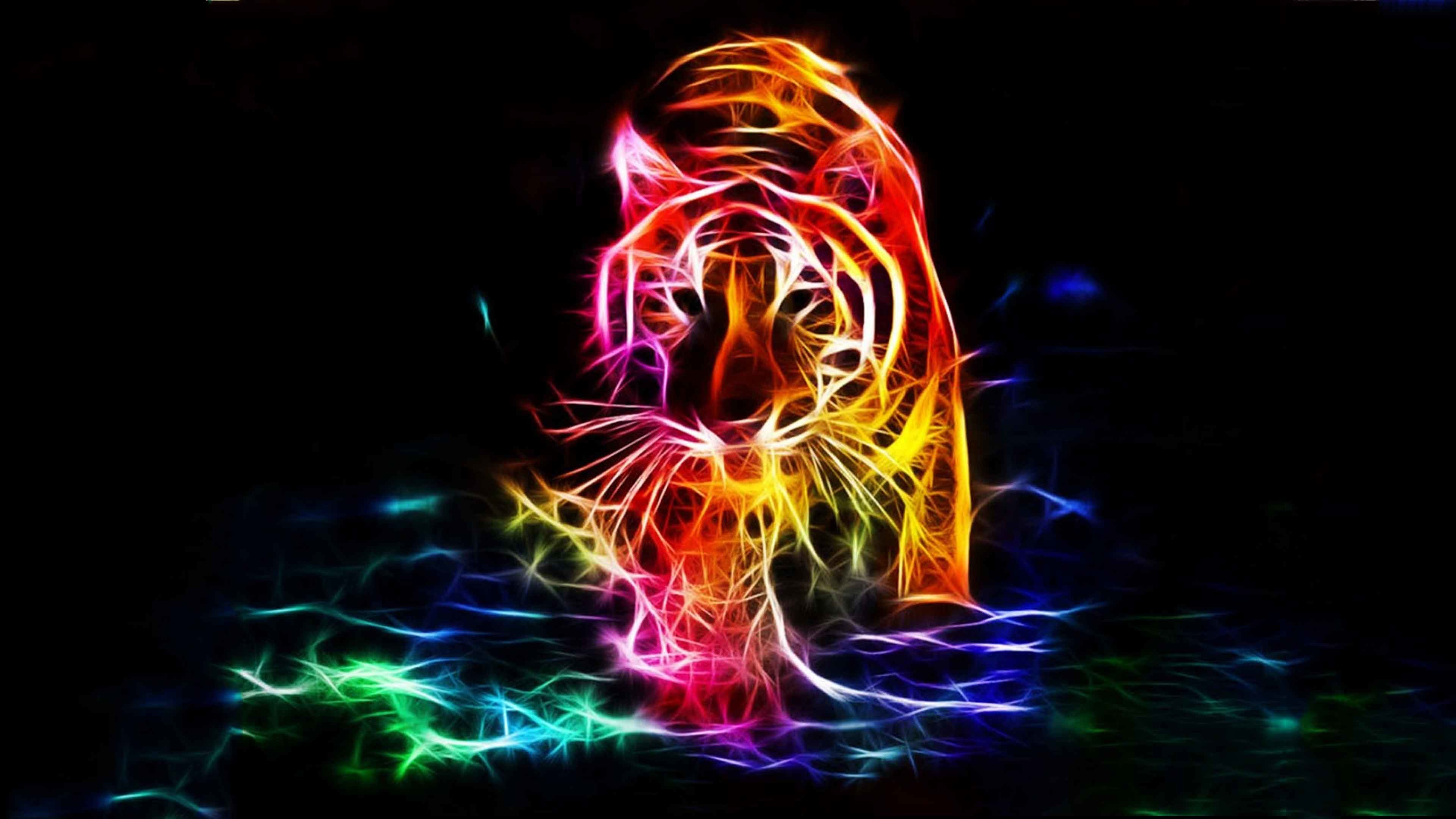 A vibrant, abstract depiction of a tiger, rendered in neon-like colors against a dark backdrop. The tiger appears to be wading through water, with colorful ripples surrounding its form