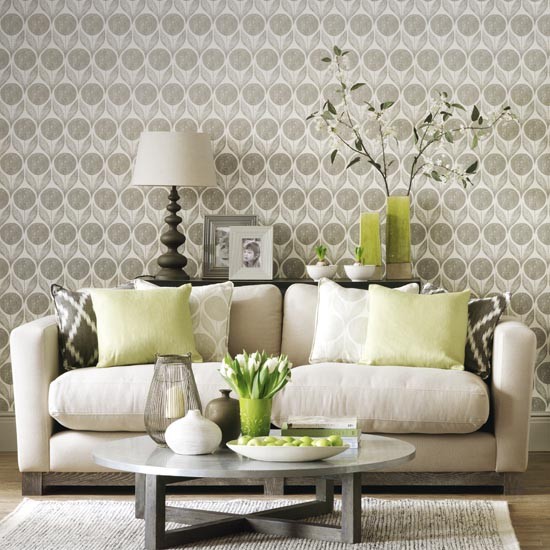Statement wallpaper in a neutral living room Simple designs for easy
