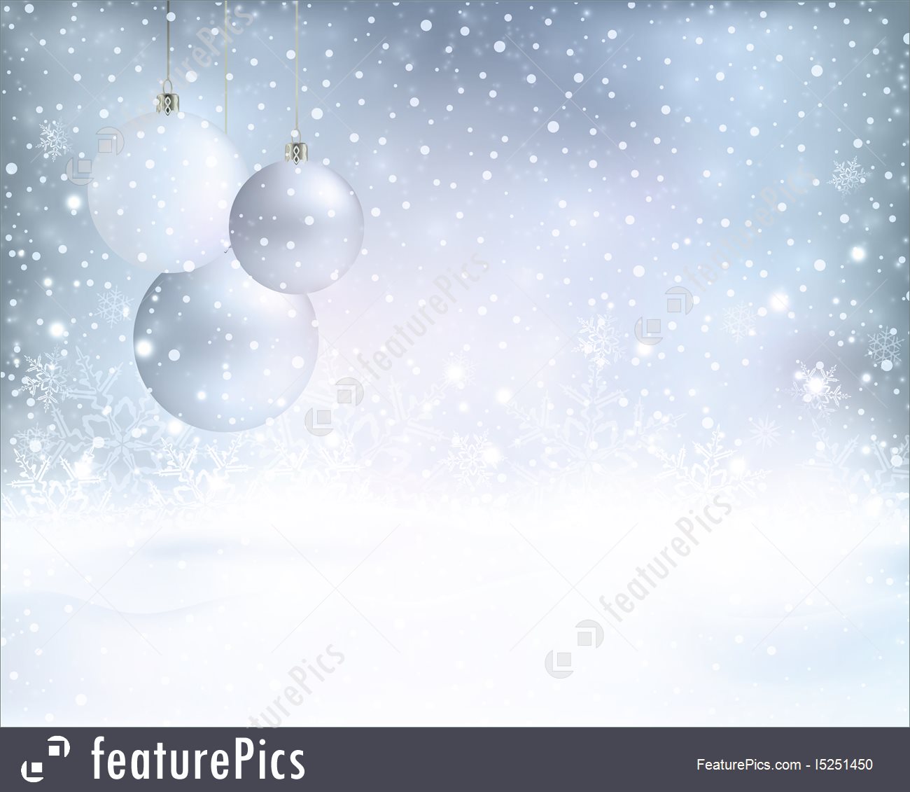 Silver Blue Christmas Background With Baubles And Snowfall Stock