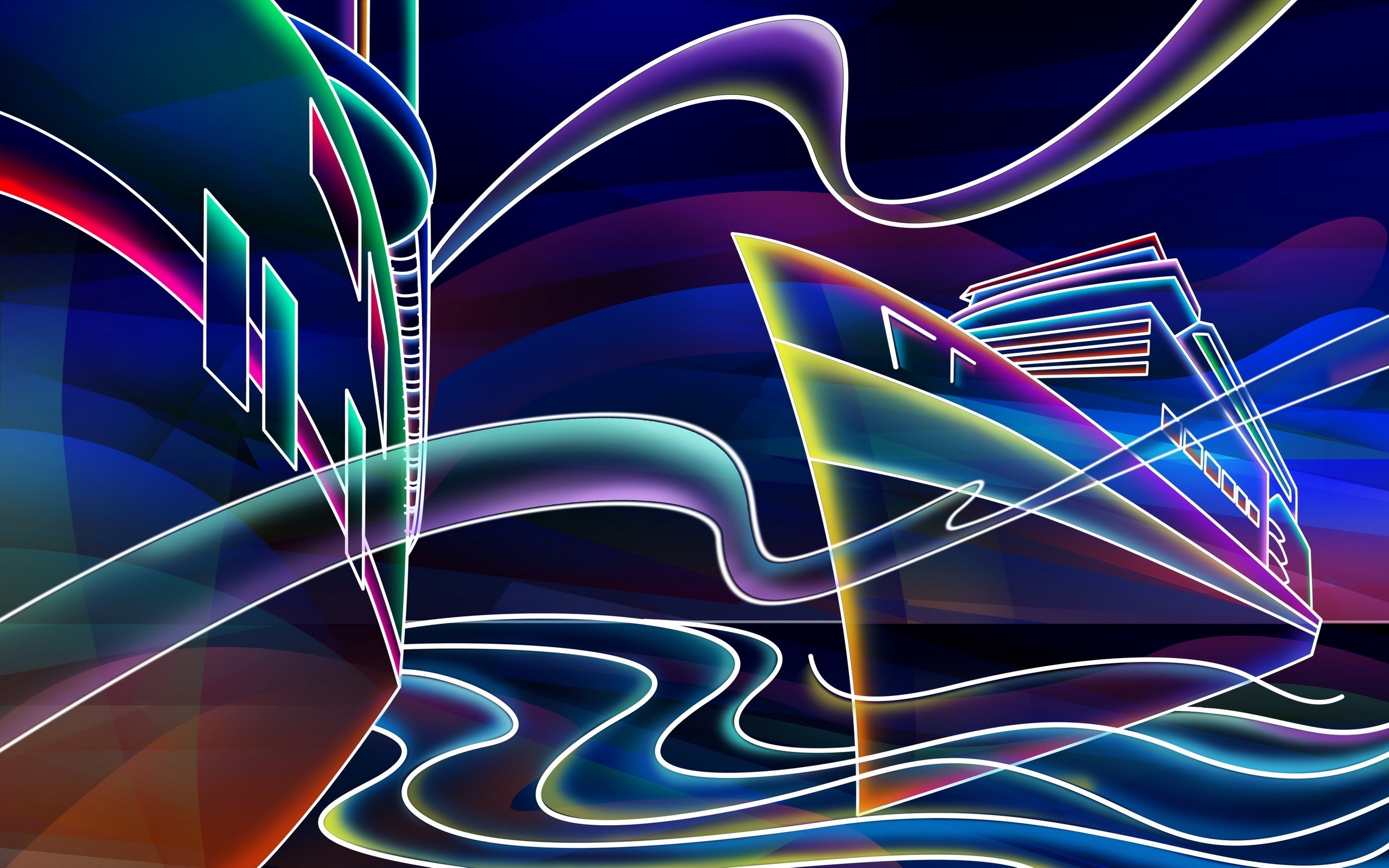 Neon Cruise Ships: A vibrant, abstract depiction of cruise ships in neon lights, sailing through swirling neon waves