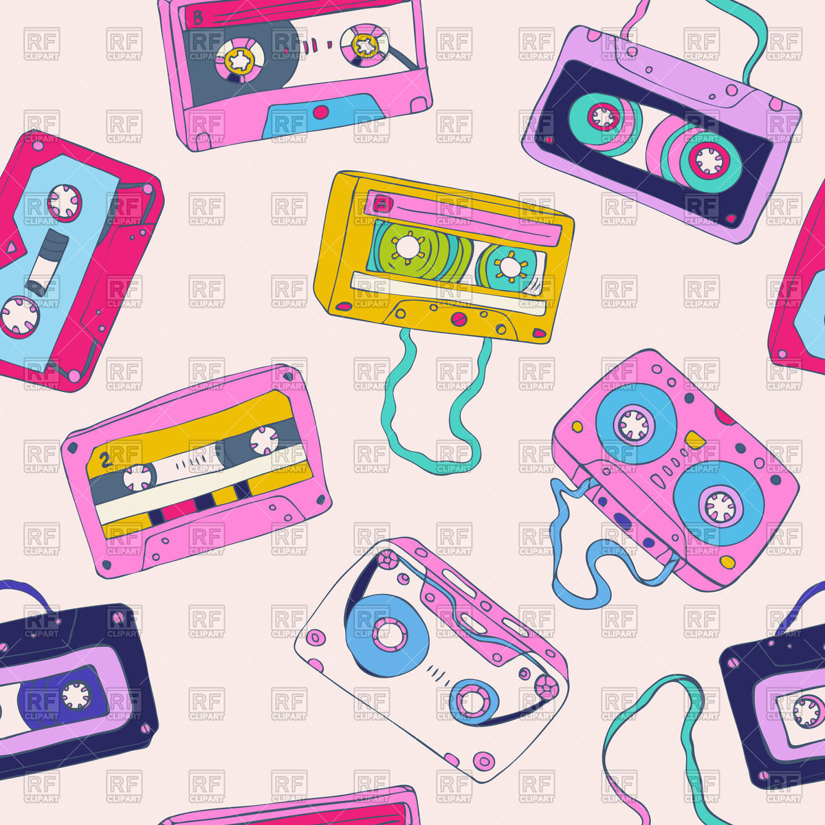 Seamless Pattern Of Sketchy Audio Cassette Tapes Motley Retro