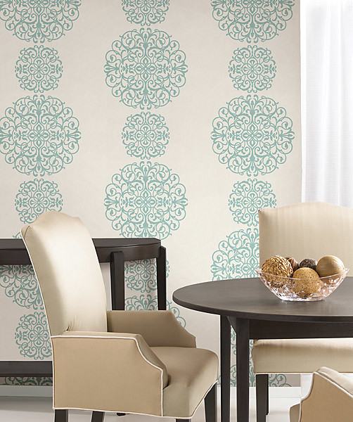 Blue Medallion Wallpaper Contemporary Dining Room Other Metro