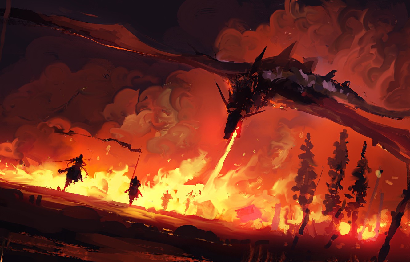 Wallpaper Fire Fantasy Trees Painting Dragon Battle Game Of