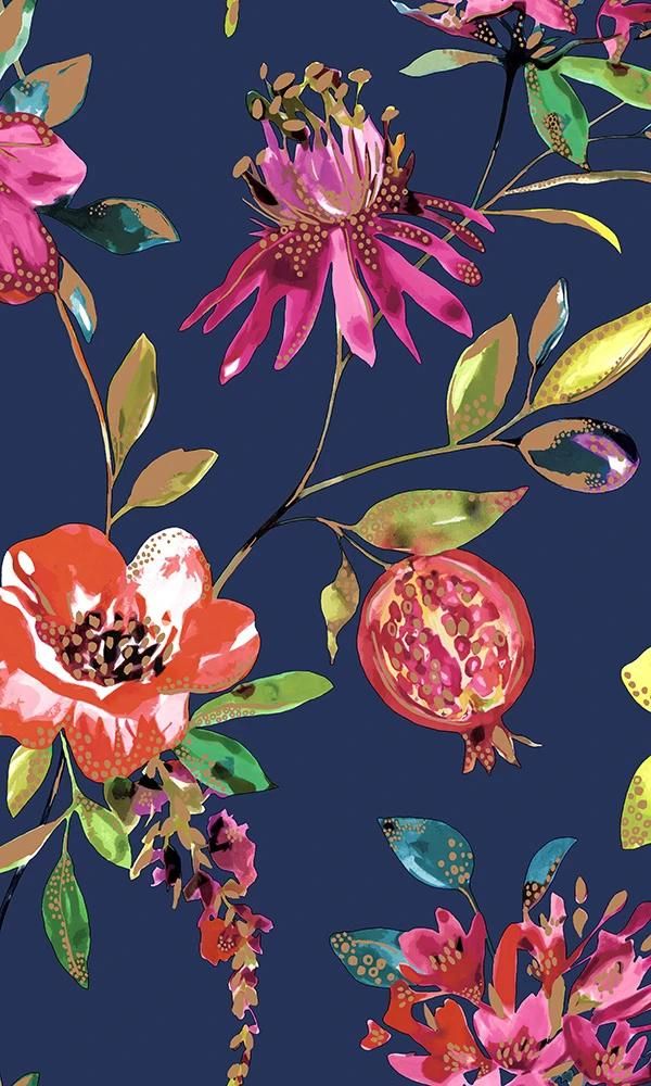 Navy Bright Blossoms Wallpaper By Walls Republic