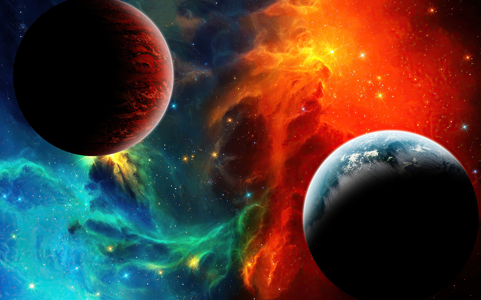 Two planets in a colorful nebula, a stunning 4k space wallpaper