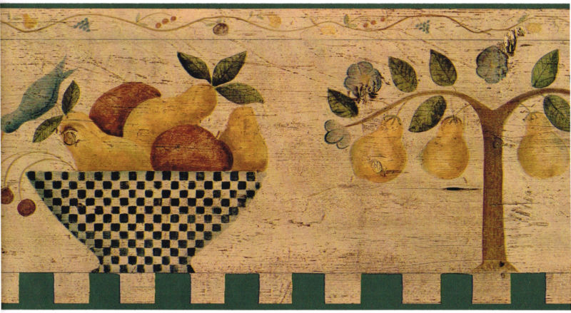  Vintage Primitive Fruit Bowl Pear Check Kitchen Wall Paper Border