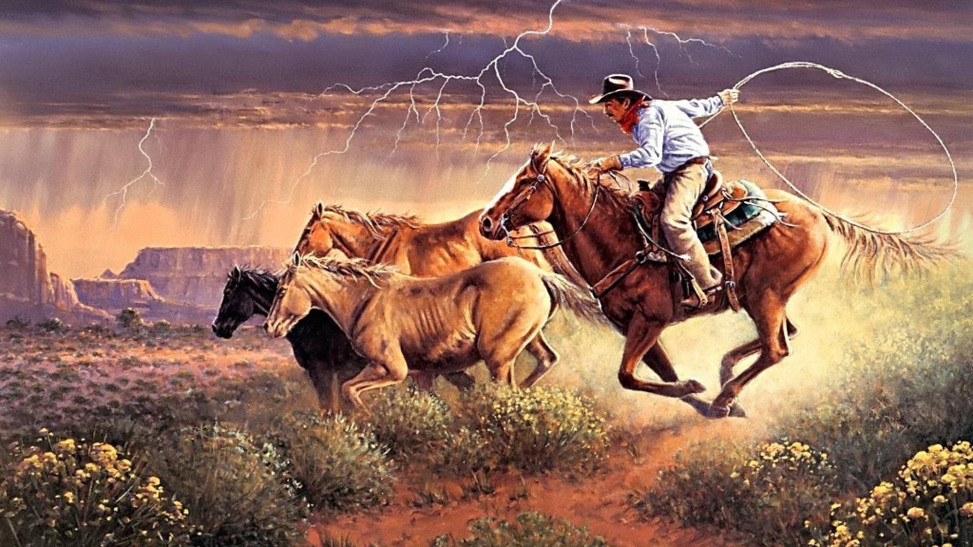 Cowboys Horses Artwork Wallpaper