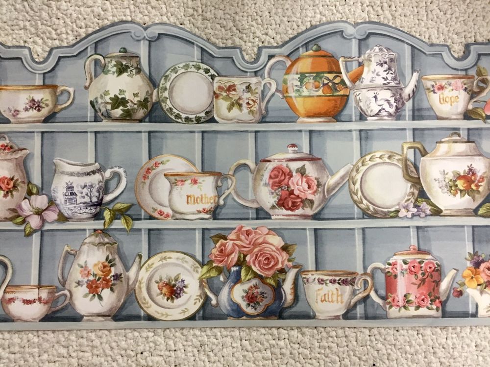 Kitchen Shelf Wallpaper Border With Teapots Saucers Teacups Roses