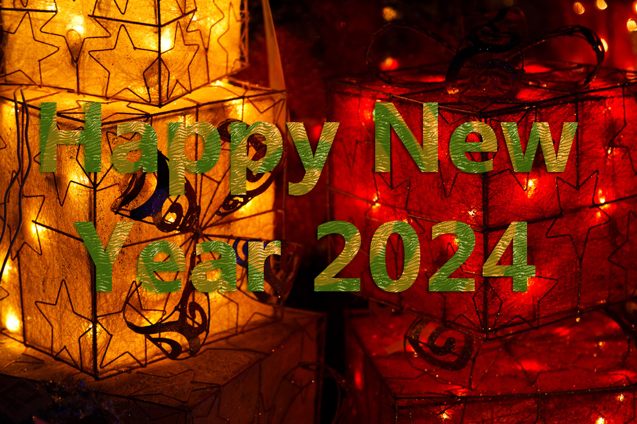 Festive illuminated gift boxes with 'Happy New Year 2024' greeting