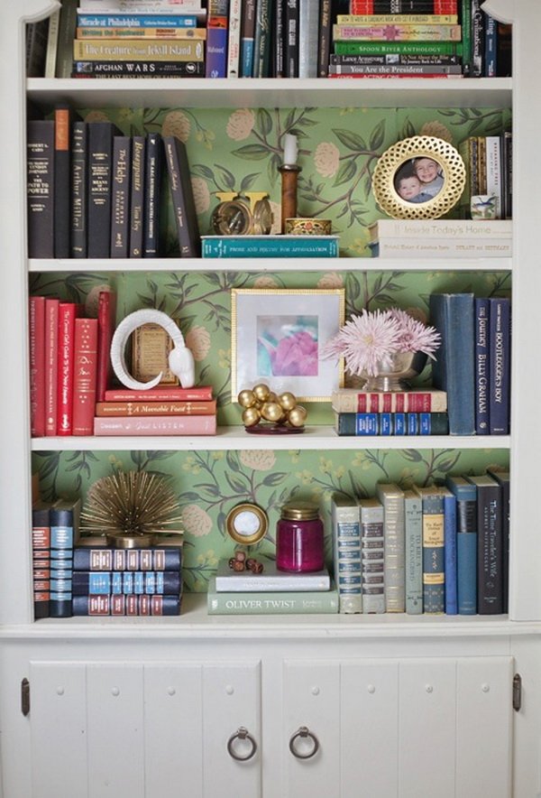 Blue Wallpaper Behind Bookcase Design Ideas