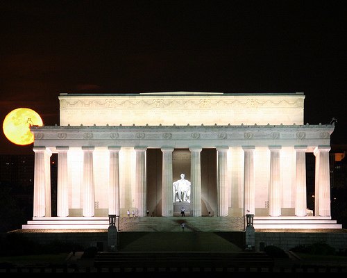 Lincoln Memorial With Huge Full Moon In Background Photo