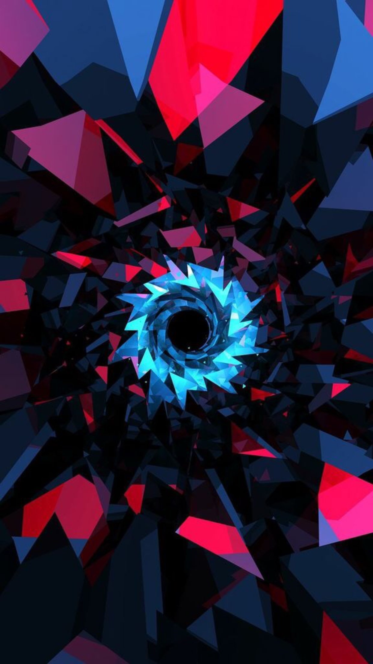 Abstract phone wallpaper with a dark, geometric design. A bright blue vortex is surrounded by sharp, fragmented shapes in shades of red, pink and dark blue