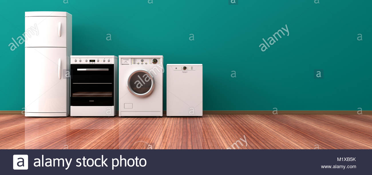 Set Of Electric Home Appliances On A Wooden Floor Green Wall
