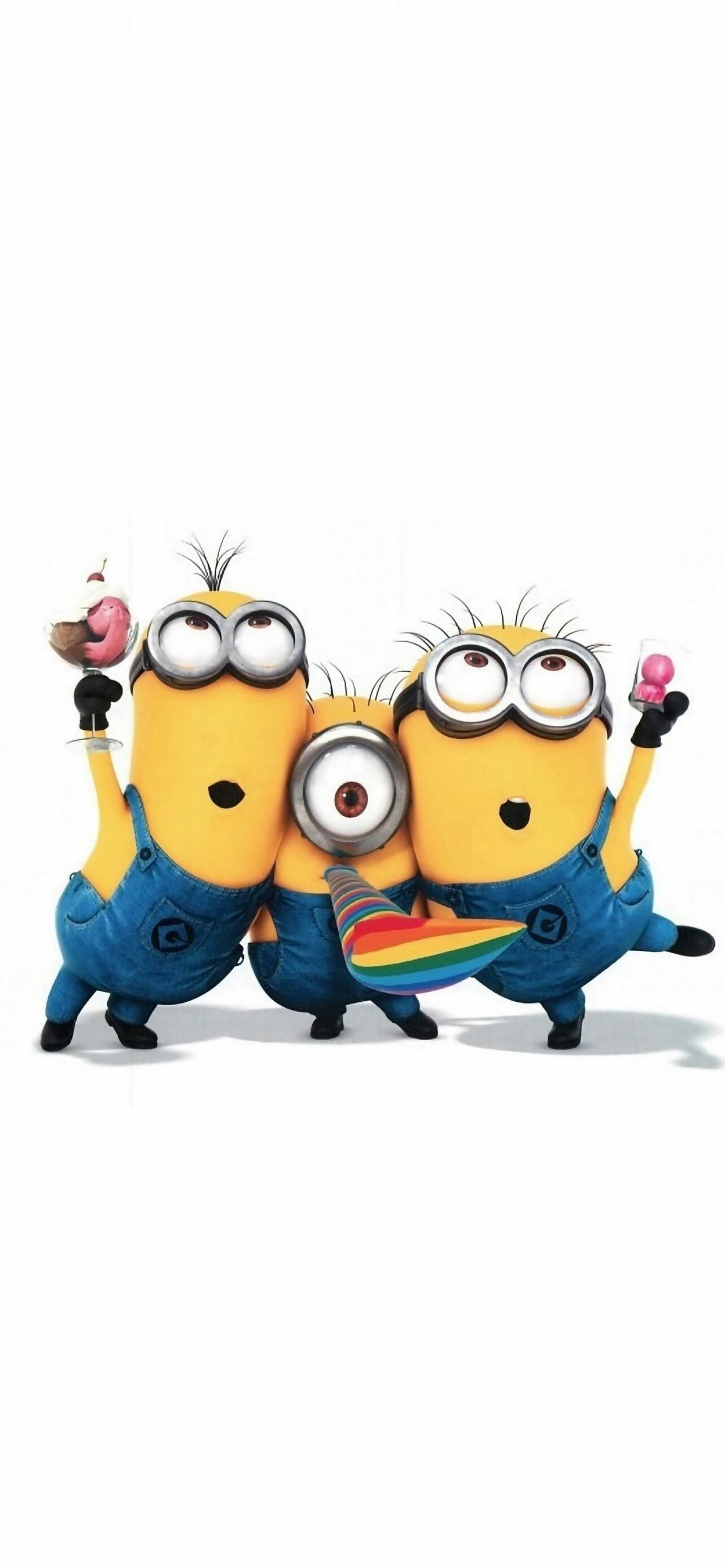 Three Minions Celebrating with Ice Cream and Party Horn