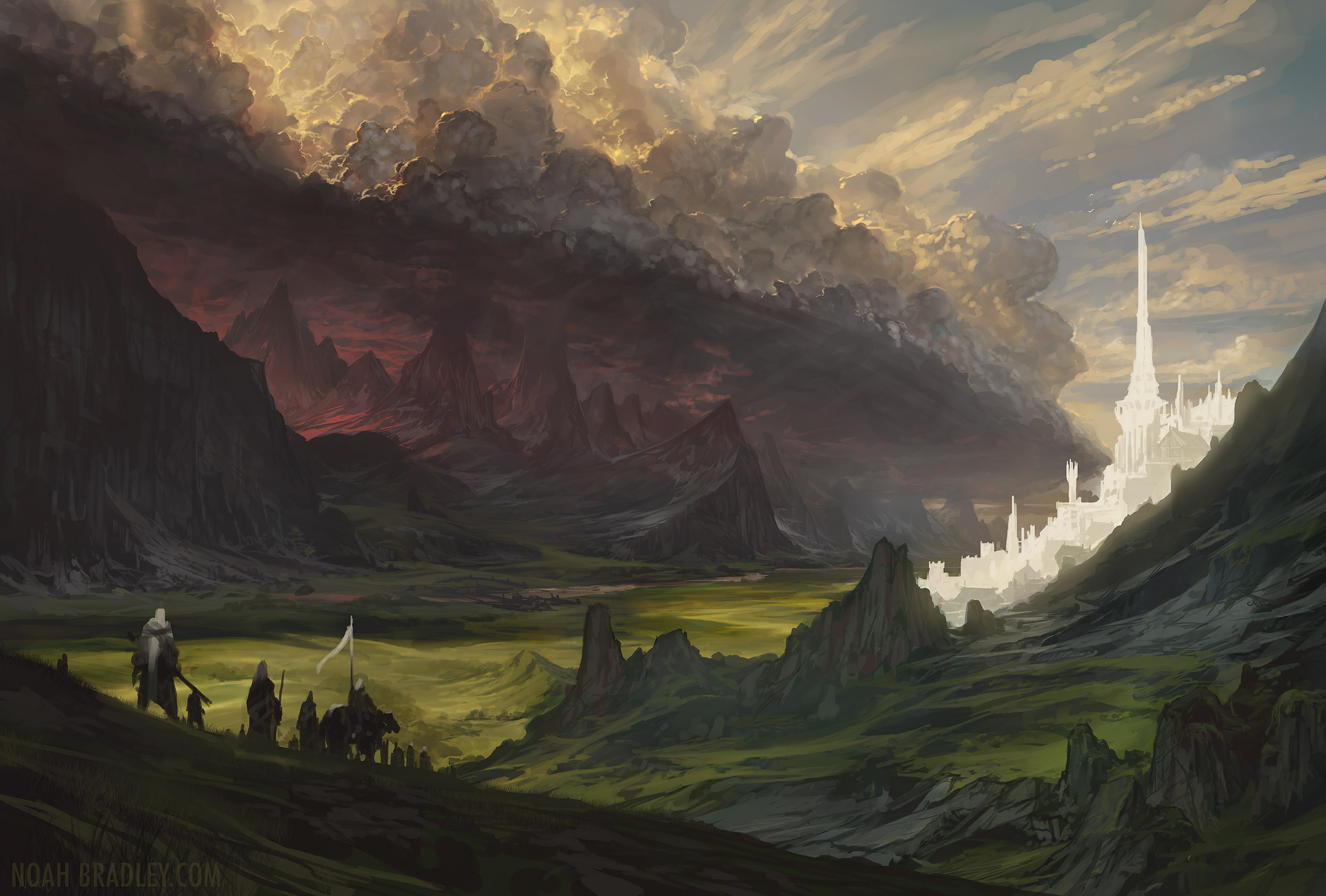 A band of travelers journeys towards the shining white city of Minas Tirith in a dramatic Lord of the Rings landscape