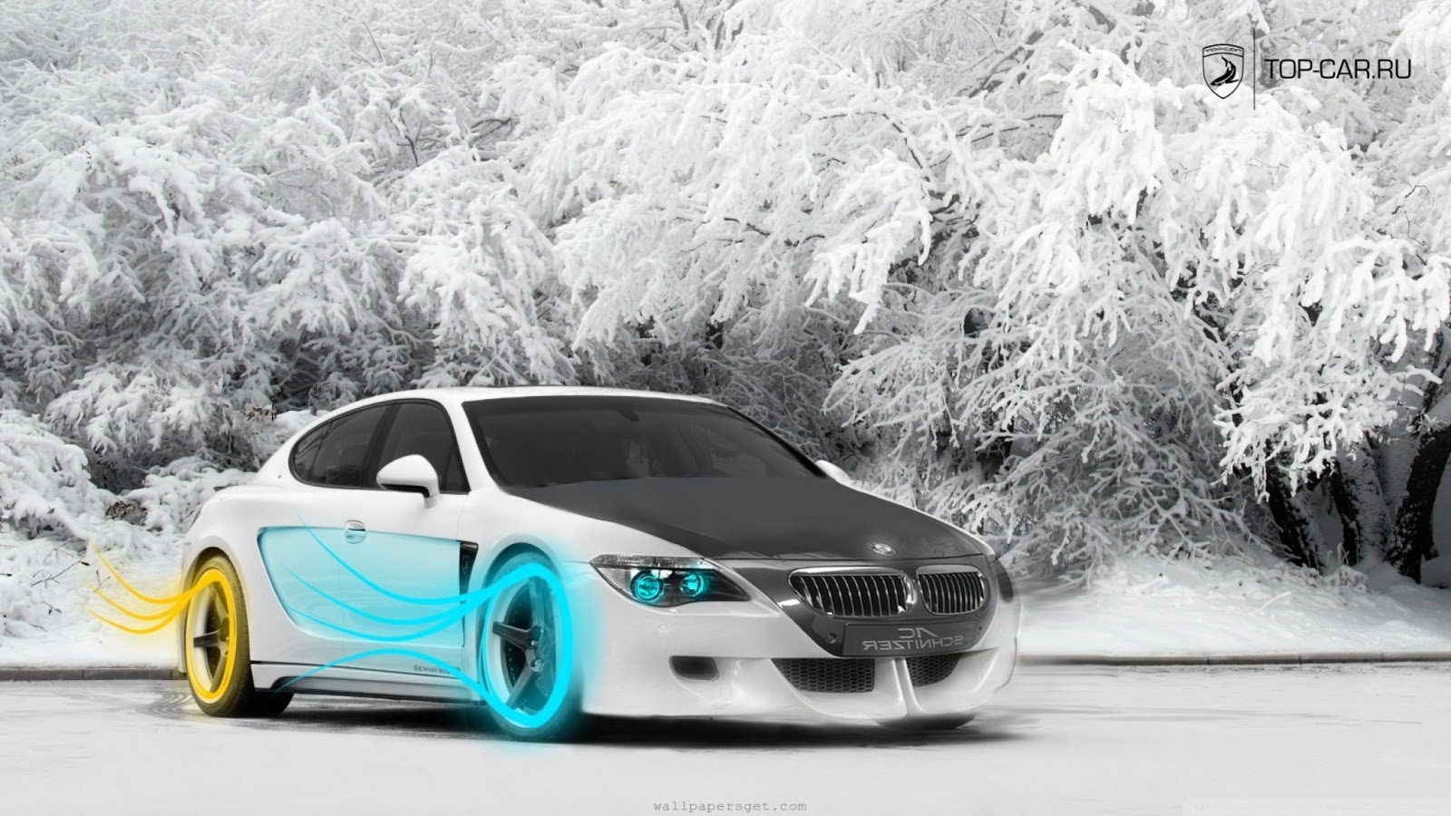 White BMW sports car parked in a snowy winter landscape