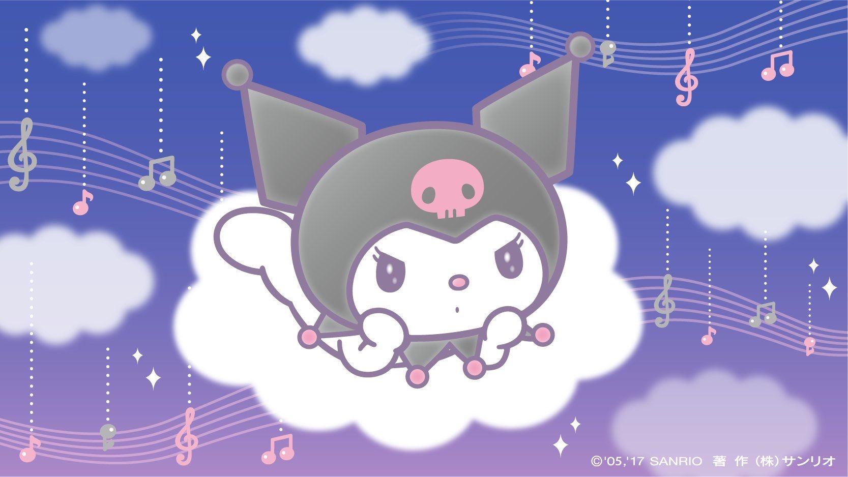 Kuromi floating on a cloud with music notes in the background, a cute 4k PC wallpaper