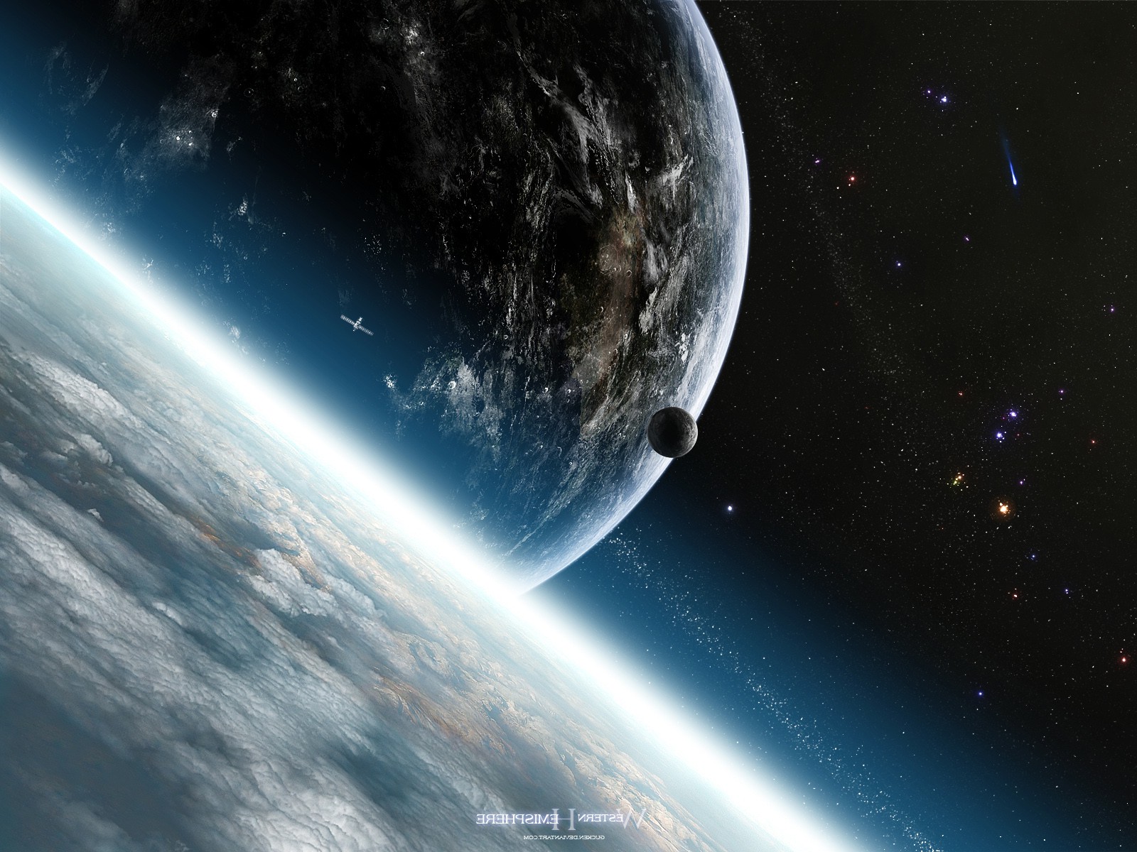 A breathtaking view of a planet from space, featuring a small moon, a passing satellite, and a distant comet
