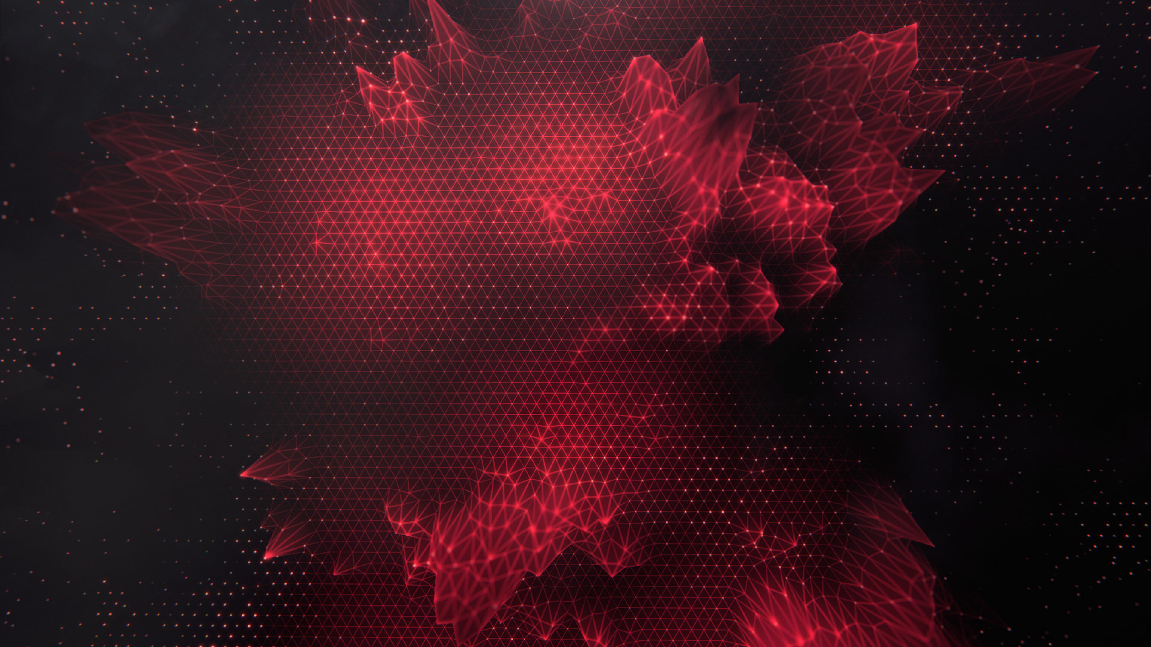 A dynamic red abstract wallpaper with a network of interconnected lines and glowing points forming a complex, three-dimensional structure against a dark background