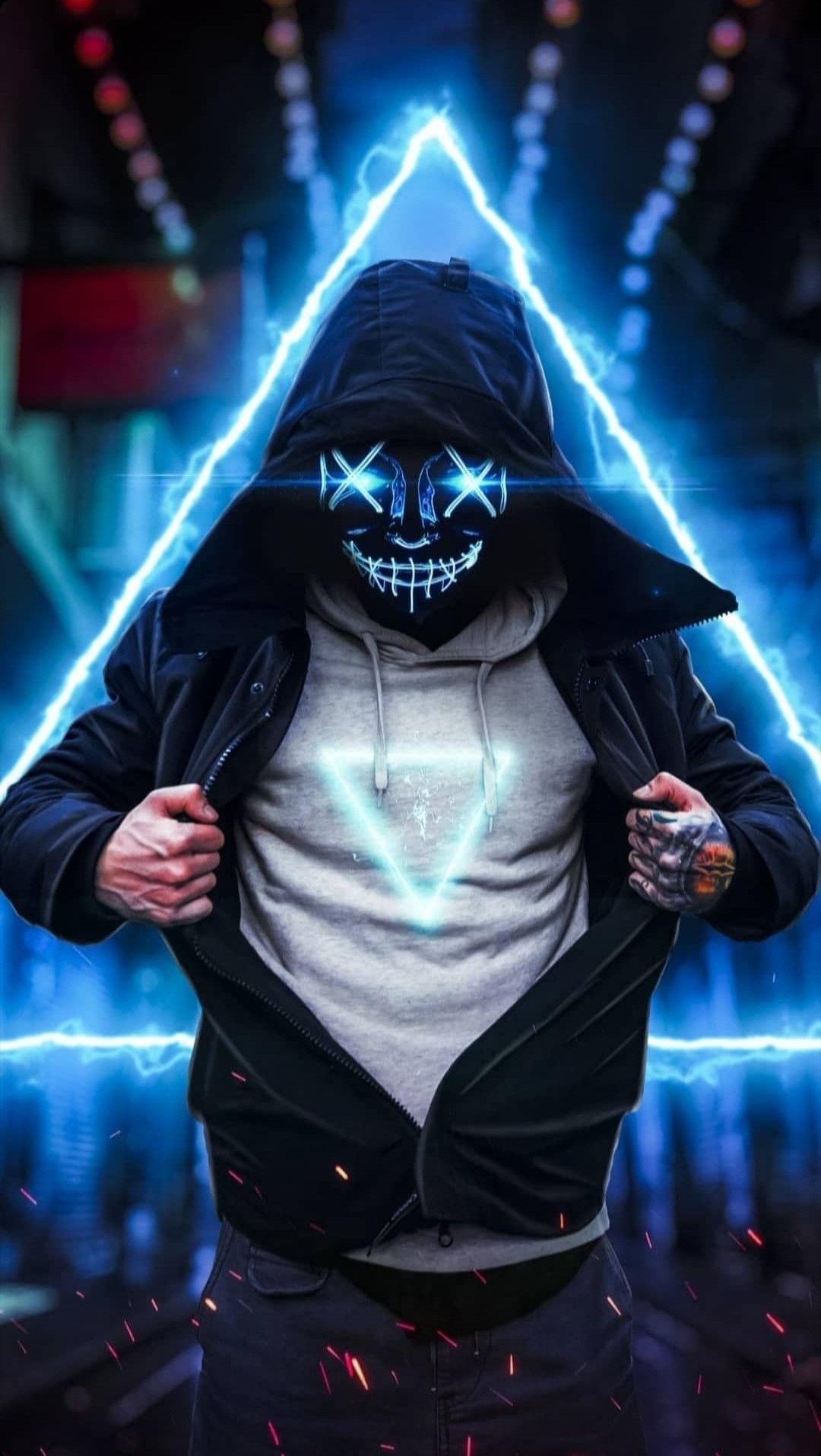 A cool wallpaper featuring a hooded figure with a glowing mask and a triangle of light behind them, perfect for boys' bedrooms or gaming setups