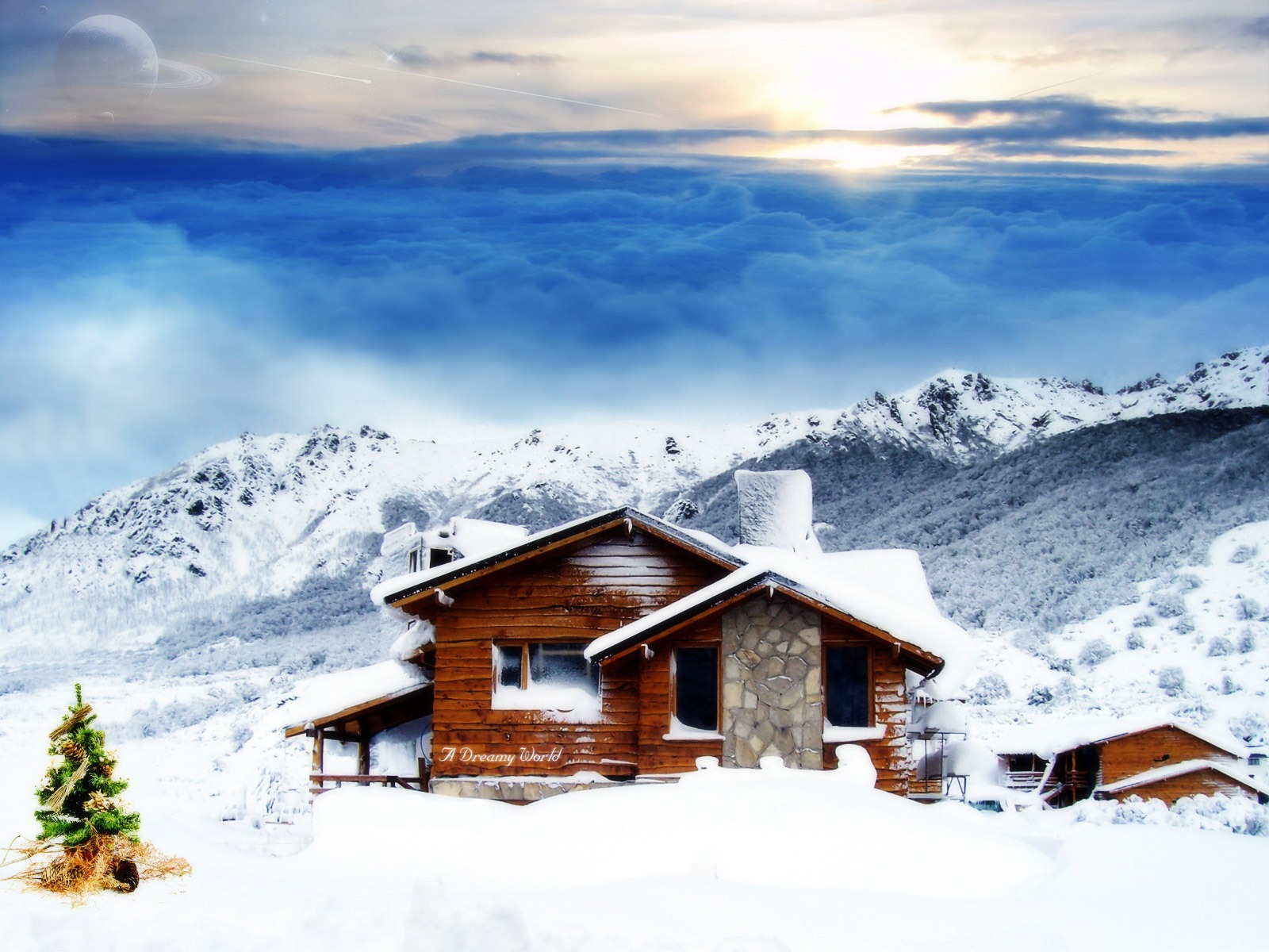 Cottage In The Mountains Winter At Christmas Wallpaper Jpg