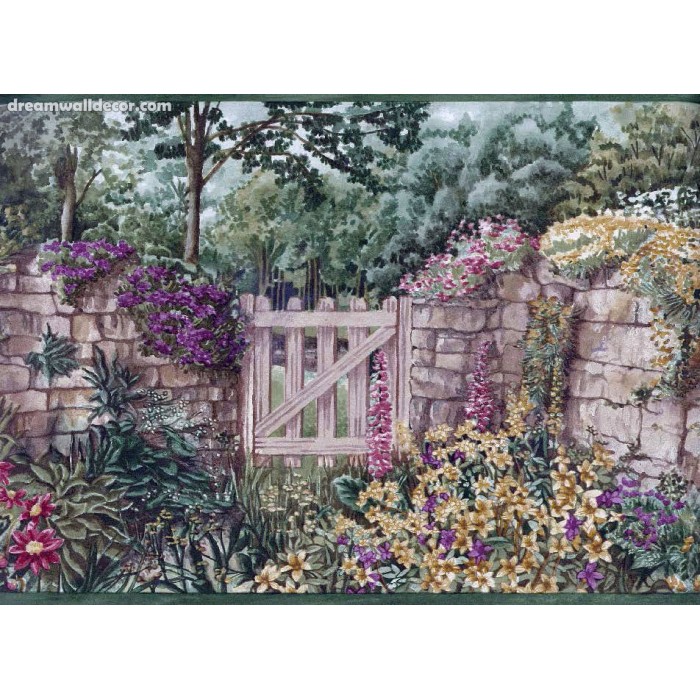 Country Stone Fence Covered With Flowers Vine Gate Wallpaper
