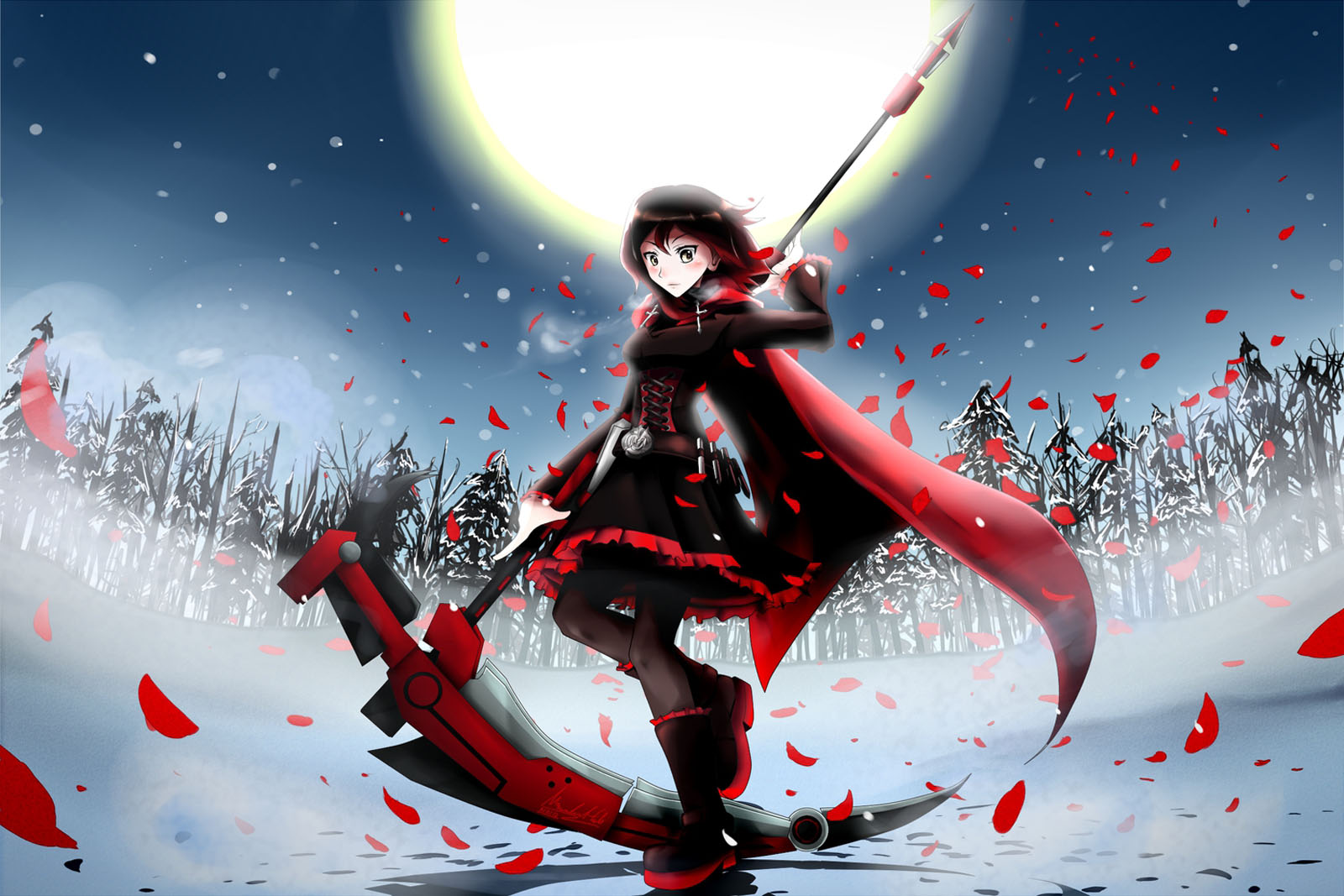 Ruby Rose Red Rwby Death Scythe Full Moon Anime HD Wallpaper Desktop