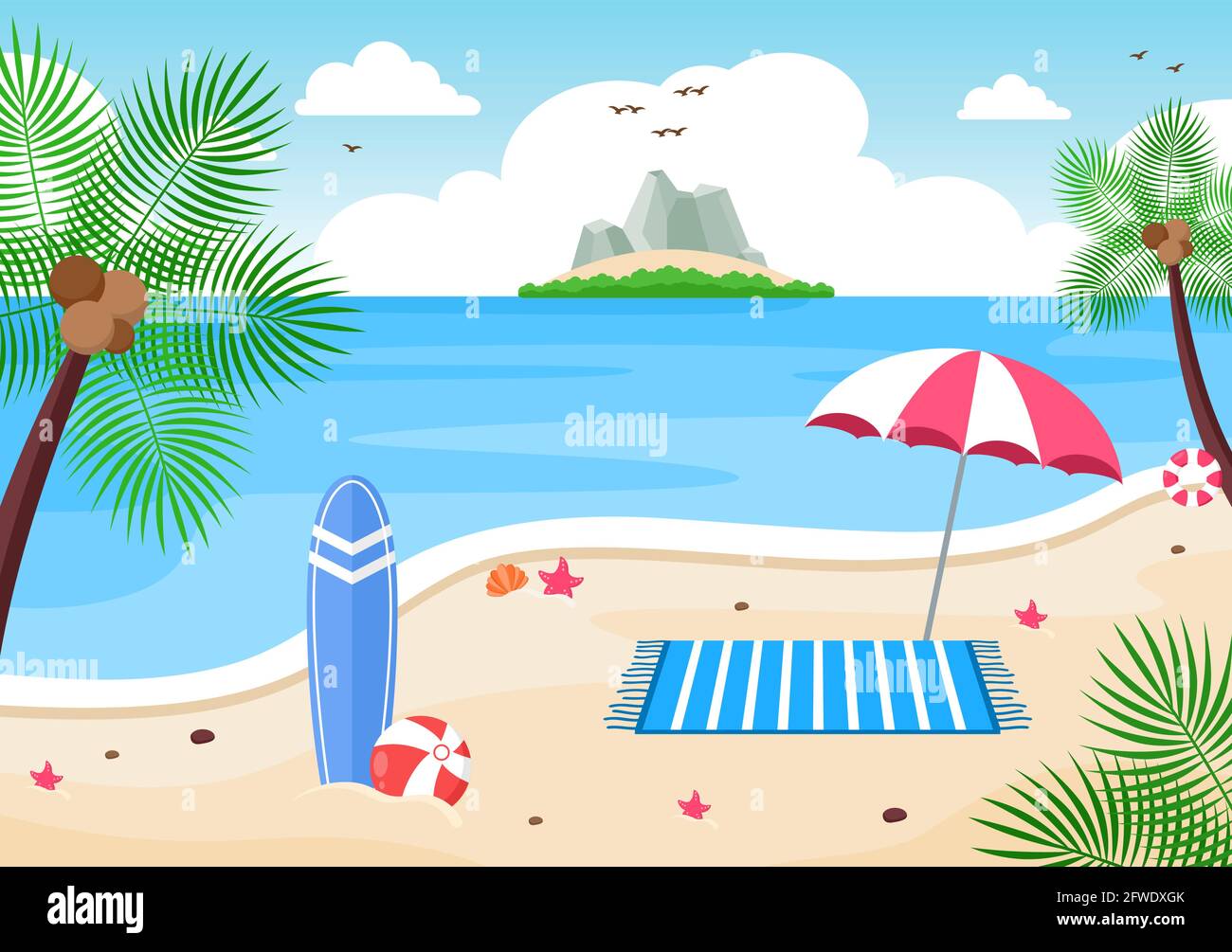 Happy Summer Time in Beach Seaside Vector Illustration for 1300x1005