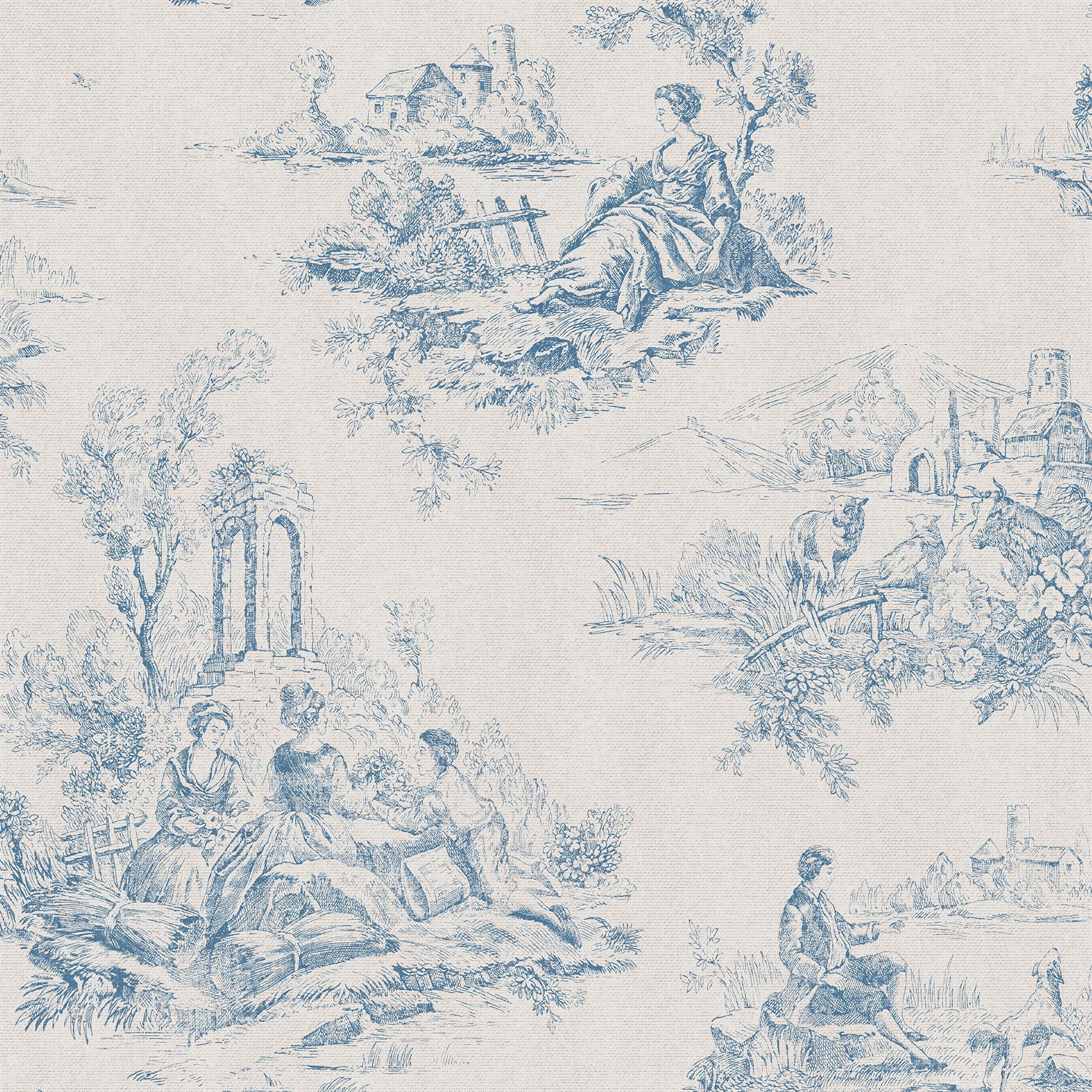 Toile De Jouy Wallpaper Blue Country Scene Traditional Vintage