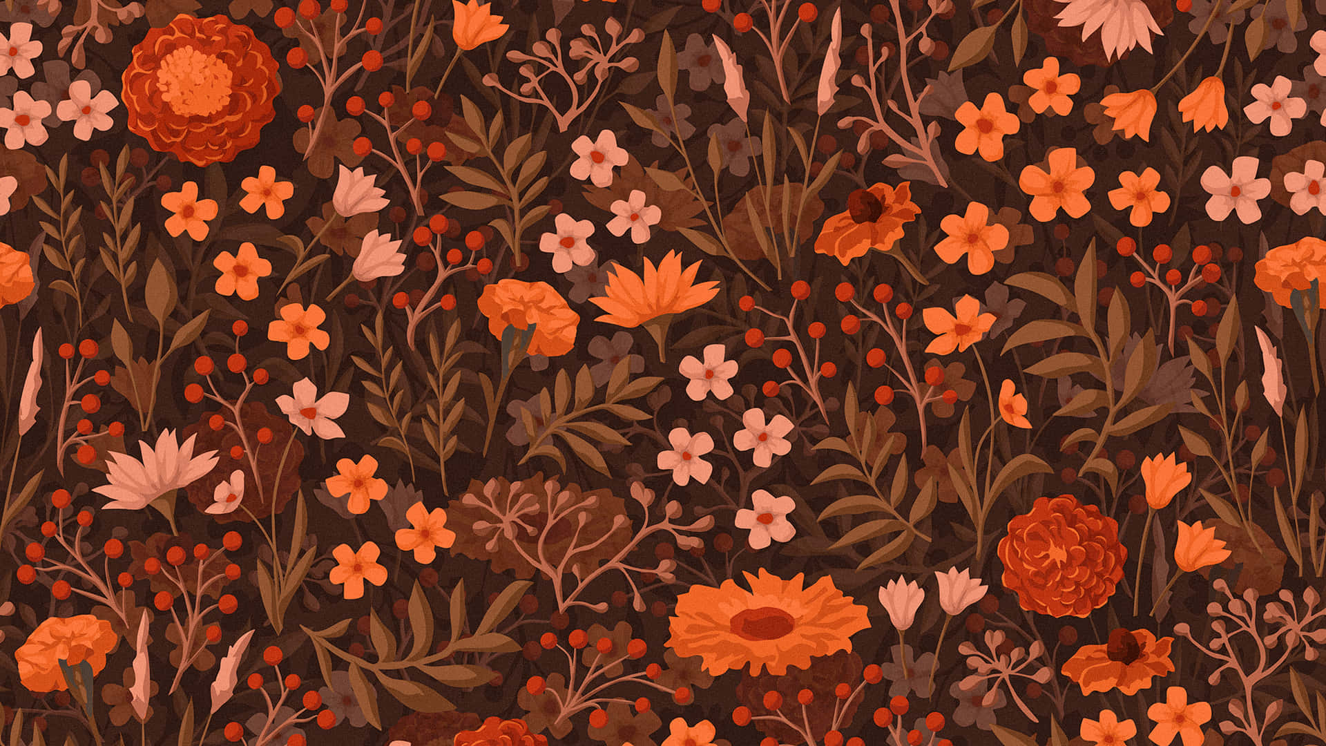 A seamless floral pattern wallpaper in warm, autumnal tones, ideal for a computer desktop background