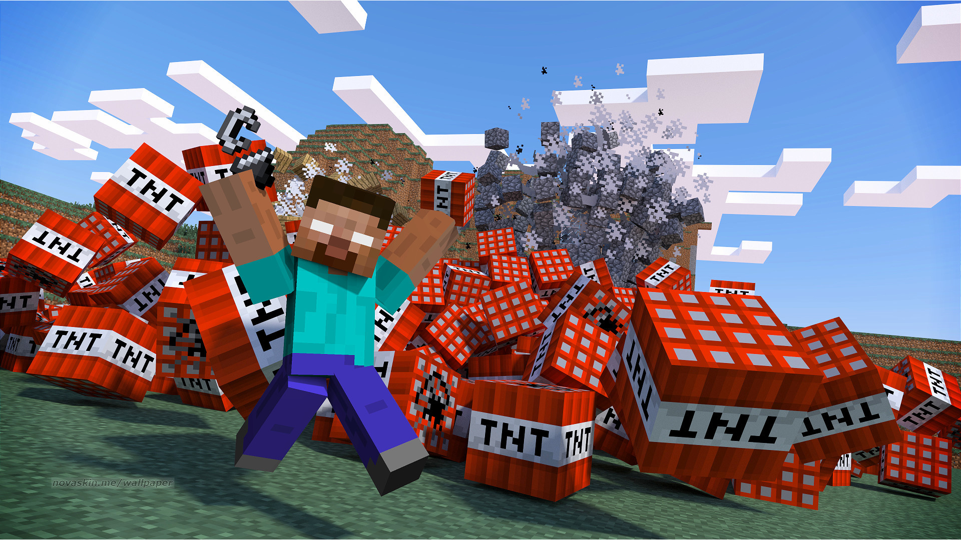 Minecraft character igniting a massive pile of TNT blocks in a pixelated landscape