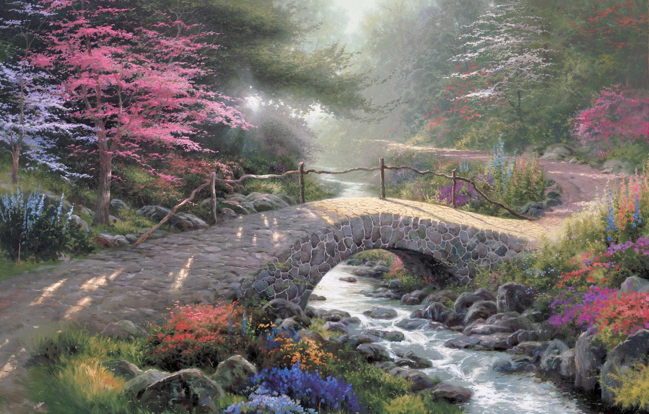 Wallpaper Forest Light Bridge Nature Park Stream Painting