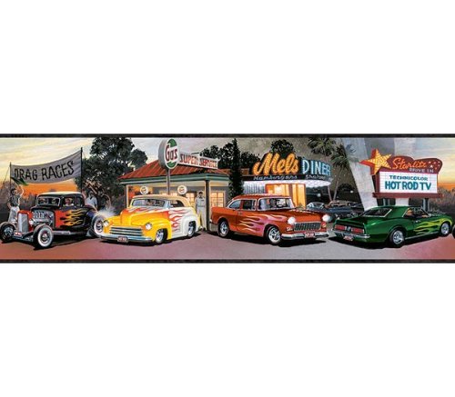 Features of Mels Diner Cars Wallpaper Border Chevy Ford Flames