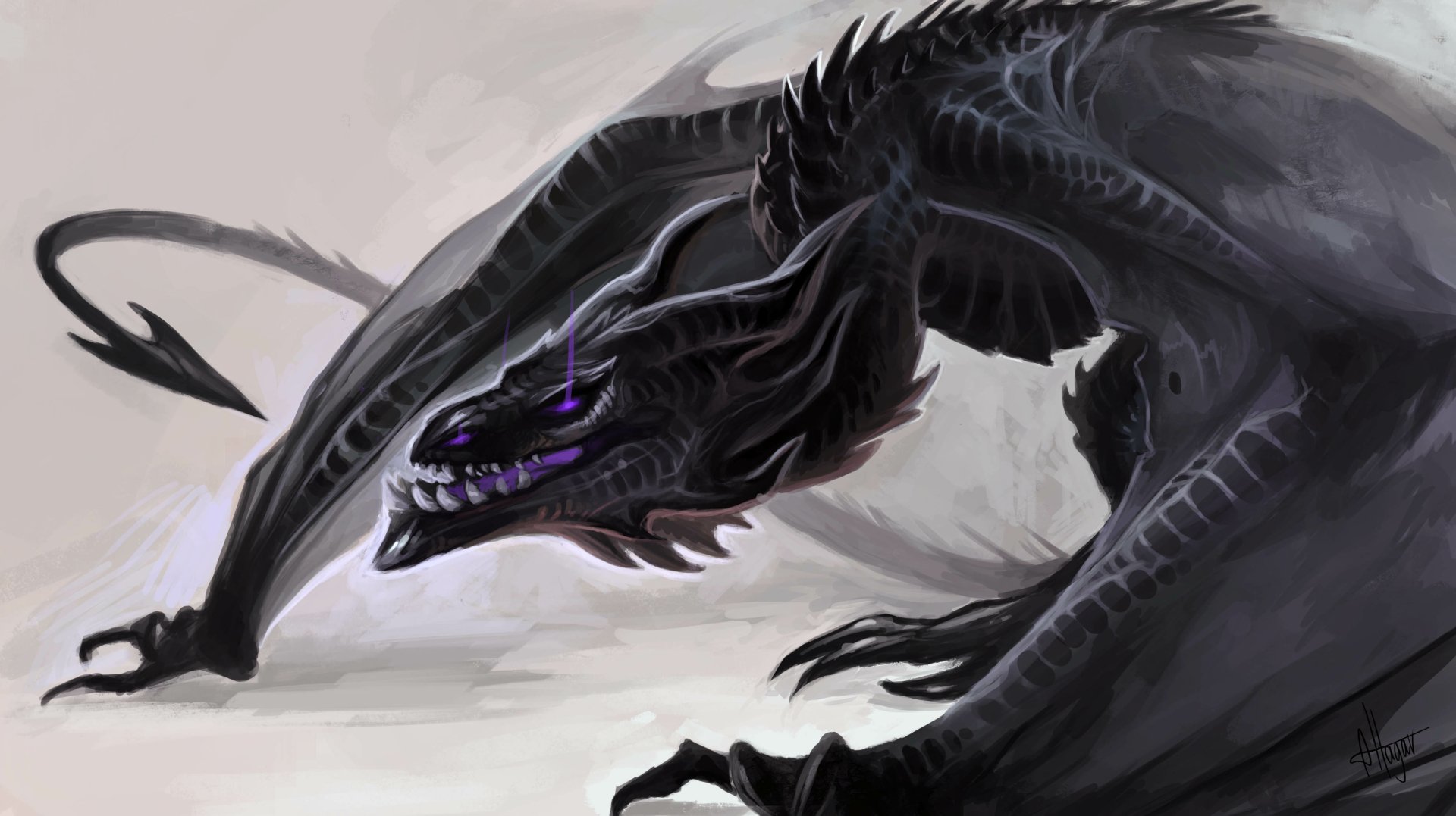 A fearsome black dragon with glowing purple eyes and sharp claws, poised menacingly against a muted backdrop. Perfect for draak/dragon enthusiasts