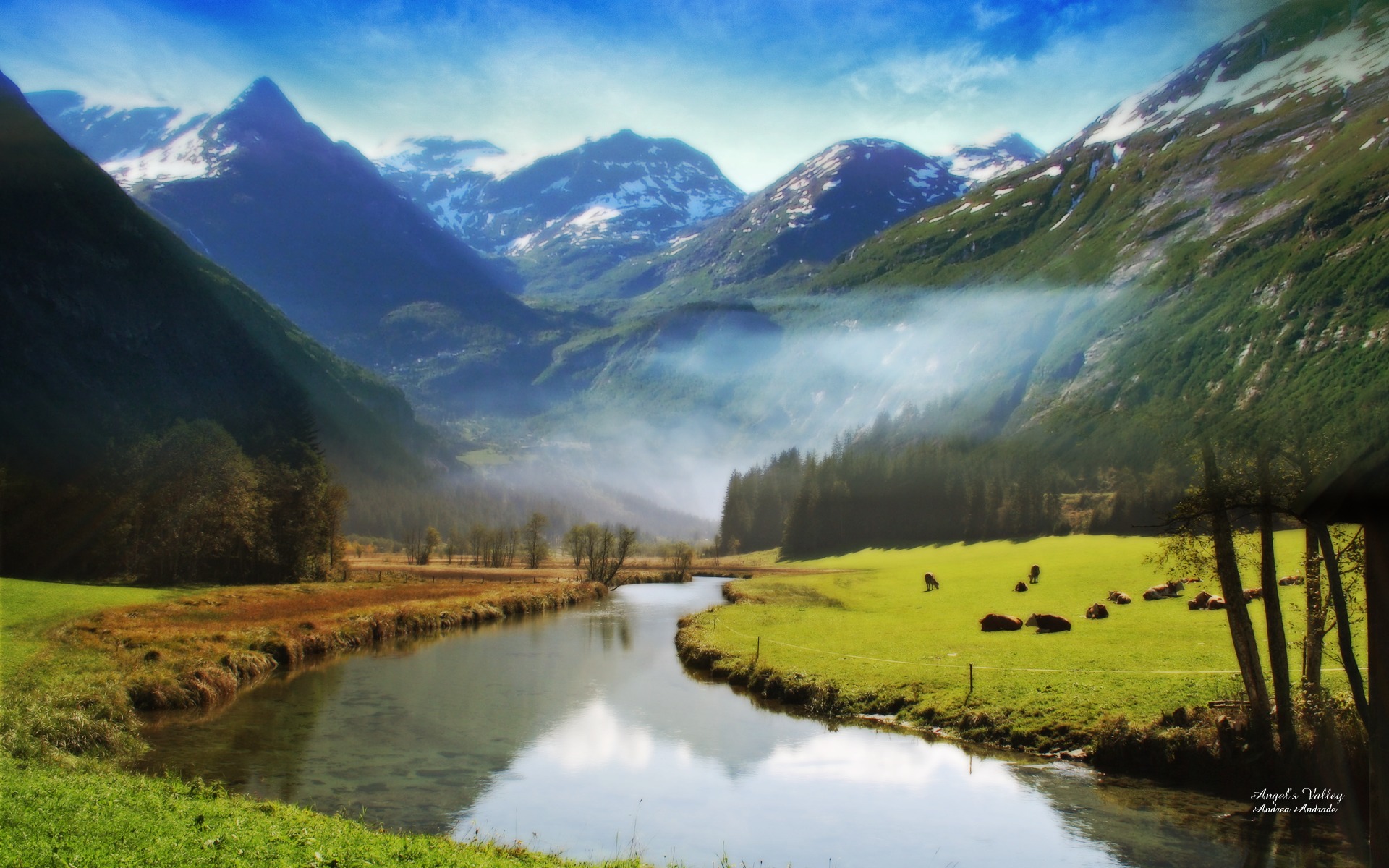 Serene mountain valley landscape with a flowing river and grazing cattle