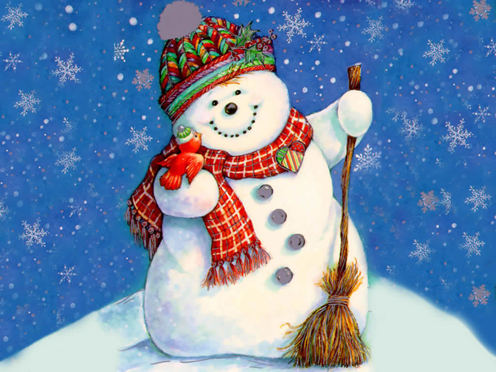 A cheerful snowman with a colorful hat and scarf, holding a red bird and a broom, stands against a snowy blue background
