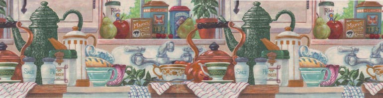 About Kitchen Shelf China Set Teapot Wallpaper Border Cv103752