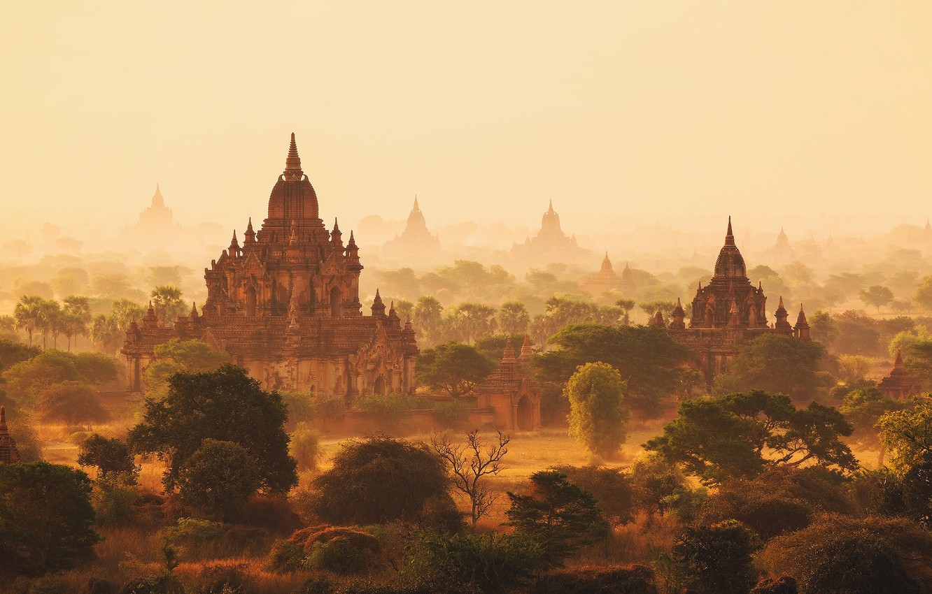 Wallpaper Morning Haze Myanmar Burma Temples Image For
