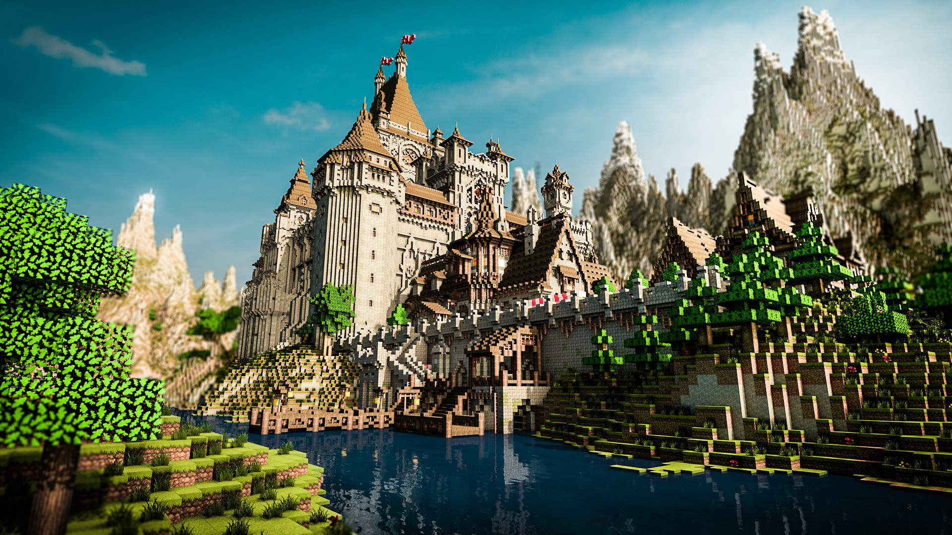 A majestic Minecraft castle overlooking a river, with towering mountains in the background